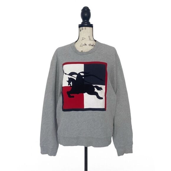 Burberry Grey Sweatshirt Large Logo Equestrian Knight Graphic 100% Cotton - Picture 1 of 5